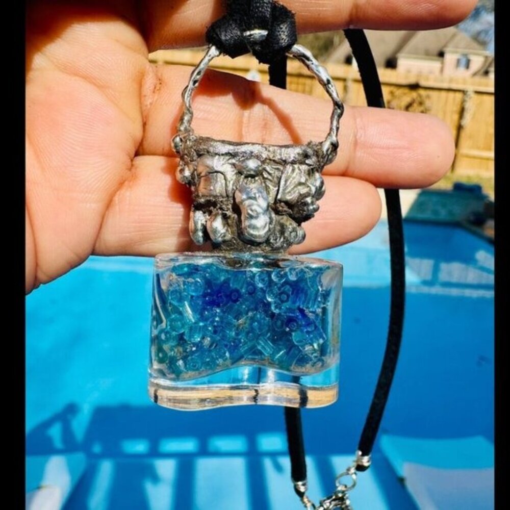 Repurposed VINTG Perfume Glass Bottle Pendant Necklace w Rustic Silver Metalwork - Picture 5 of 15